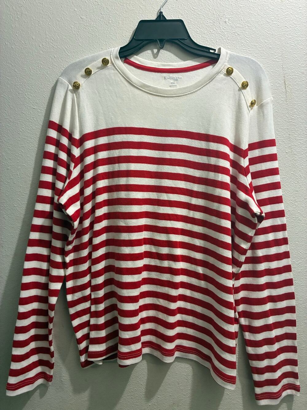 Kim Rogers Red White Maritime Striped Button Shoulder Top PXL